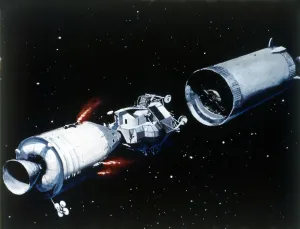 Heritage Space Prints: Simulation showing the separation of the component parts of the Apollo 11 spacecraft, 1969