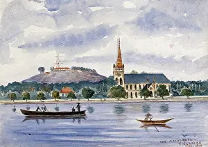 Singapore: view across the harbour to Fort Canning and the cathedral, 1879. Creator: John Edmund Taylor