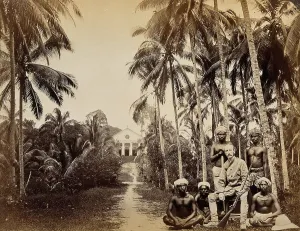 1880 Prints: Singapore: a western hunter and native Malays with a background view of the Roman Catholic