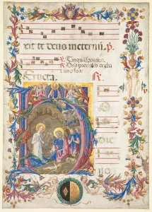 And Gold On Parchment Prints: Single Leaf from an Antiphonary: Initial H[odie nobis] with The Nativity, 1471. Creator