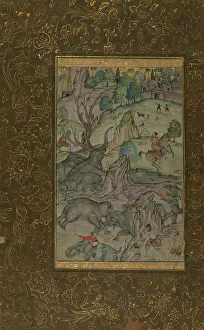 Mahouts Prints: Single Leaf of Elephants on a River Bank