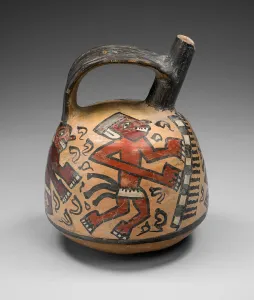 Ceramic And Pigment Prints: Single Spout and Bridge Vessel Depicting Dancing Figures