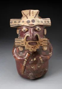 Trophy Head Prints: Single Spout Vessel in the Form of a Seated Figure Wearing Mask and Headdress... 180 B.C