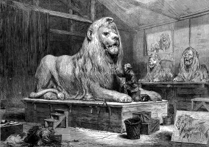 Enormous Prints: Sir Edwin Landseer modelling the lions for Trafalgar-square, 1873. Creator: Unknown