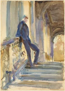 Sir Neville Wilkinson on the Steps of the Palladian Bridge at Wilton House, 1904 / 1905