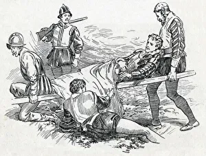 Stretcher Prints: Sir Philip Sidney on the Battlefield of Zutphen, c1900. Creator: Howard Davie