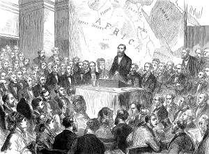 Slave Trade Prints: Sir Samuel Baker at the meeting of the Royal Geographical Society, 1873. Creator: Unknown