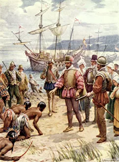 Adventurer Prints: Sir Walter Raleigh Landing in Virginia, c1900. Creator: Howard Davie