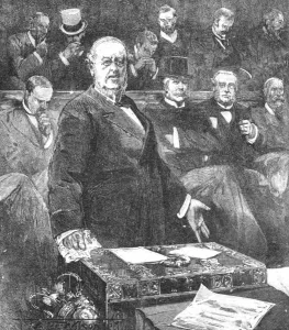Twenty Third Earl Of Salisbury Collection: Sir William Harcourt announcing the resignation of Lord Roseberys government, 1895, (1901)