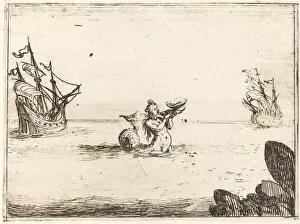 Siren between Two Ships, 1628. Creator: Jacques Callot