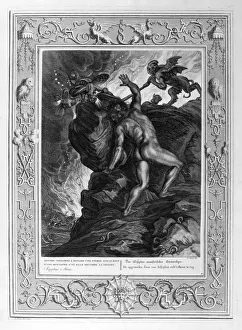 Mountainside Prints: Sisyphus pushing his stone up a mountain, 1733. Artist: Bernard Picart
