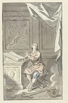 Incense Burner Prints: Sitting man with folded hands, before a Bible, c.1734-c.1801. Creator: Jacobus Buys