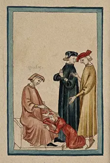 With Watercolour Prints: A sitting physician is trepanning another man's head while two others consult
