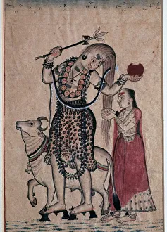 Mandi Prints: Siva with the bull, Nandi, followed by his consort Parvati, 18th century