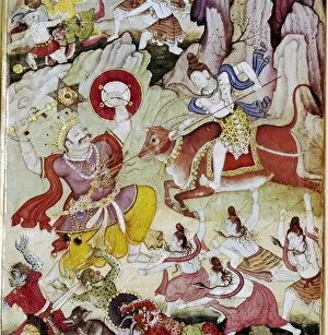 Mughal School Gallery: Siva destroys the demon Andhaka, Harivamsa manuscript, Mughul, c1590