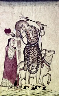 Hindu Prints: Siva, followed by his consort Parvati, walking with the Bull, Nandi, c1730
