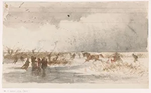 Skating Prints: Skaters and horse sleigh on the ice, 1840-1880. Creator: Johannes Tavenraat