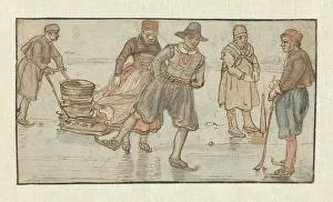 De Stomme Van Kampen Prints: Skaters on the Ice, a Man Pushing a Sledge and a Kolf-player / verso: Two Skaters