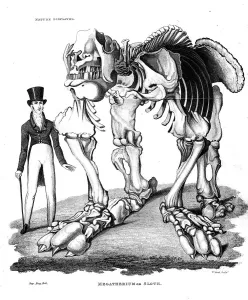 Paleontology Prints: Skeleton of Megatherium, extinct giant ground sloth, 1823