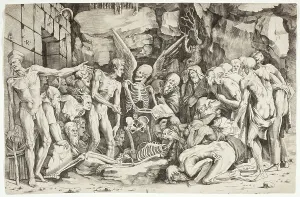 Dente Marco Prints: The Skeletons, between 1518 and 1525. Creators: Marco Dente, Baccio Bandinelli