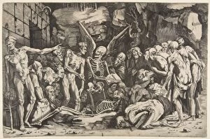 Dente Gallery: The Skeletons, a group of emaciated men and women gathered around a skeleton laid on th