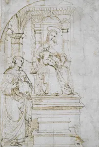 Raffaello Prints: Sketch for an enthroned Virgin and Child with Saint Nicholas of Tolentino