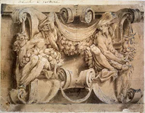 Sketch for a frieze with two cariatides, 1546-1554. Artist: Lelio Orsi Sketch for a frieze with two cariatides, 1546-1554. Artist: Lelio Orsi