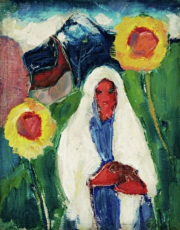 Sunflower Prints: Sketch of a Woman among Sunflowers, 1932. Creator: Zolo Palugyay