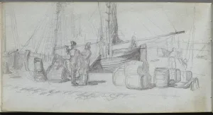 1815 1891 Prints: Sketchbook, page 50: Boats, Figures, Cargo on a Beach. Creator: Ernest Meissonier (French