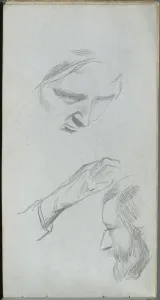 1815 1891 Prints: Sketchbook, page 70: Study of Two Faces and a Hand