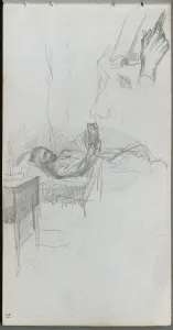 1815 1891 Prints: Sketchbook, page 71: Study of a Figure Reading in Bed, Study of a Hand