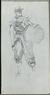 1815 1891 Prints: Sketchbook, page 79: Soldier with Drum. Creator: Ernest Meissonier (French, 1815-1891)