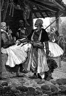Mandolin Prints: Sketches in Albania: a bear-fancier in the Bazaar, Scutari, 1880. Creator: Eugene Froment
