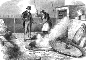 Banknote Prints: Sketches in the Bank of England: burning returned bank-notes, 1872. Creator: Unknown