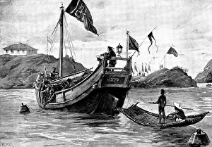 Georg Meisenbach Prints: Sketches in Formosa: 'Black Flag' soldiers laying down mines at the entrance to Takow Harbour