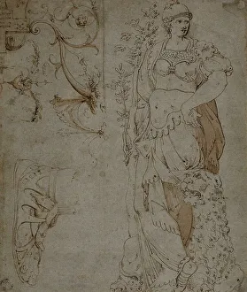 Three Sketches: Fortitude, a Sandal, and Grotesques (recto); Sketches of Grotesques... 1560/69. Creator: Unknown