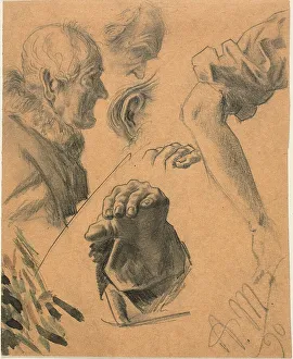 Sketches of Hands, Arms, and Heads, 1890. Creator: Adolph Menzel Sketches of Hands, Arms, and Heads, 1890. Creator: Adolph Menzel