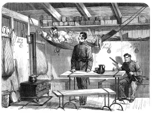 Cleaning Prints: Sketches From Ireland: interior of portable hut for police in Mayo, 1870. Creator: Unknown