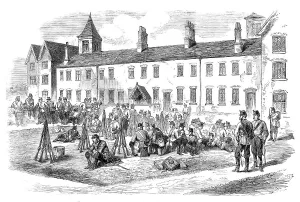 Irish Republic Prints: Sketches from Ireland: troops in the yard of the Poorhouse at Kells