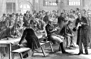 Police Officer Prints: Sketches in Scotland-Yard: pension-day for the retired policemen, 1883. Creator: Unknown
