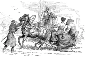 Petersburg Prints: Sketches in St. Petersburg: sledge approaching the city stopped by police