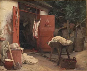 Carcass Prints: A Slaughterhouse in Hellebæk, 1884. Creator: Carl Bloch