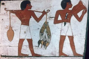 Slaves carrying offerings to Osiris, Sarcophagus of The Lady of Madja, 18th Dynasty Slaves carrying offerings to Osiris, Sarcophagus of The Lady of Madja, 18th Dynasty