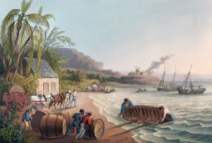 Enslaved Person Prints: Slaves loading sugar hogsheads onto a boat, 1823. Creator: William Clark