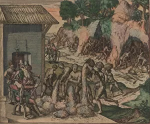 Slaves pour ore in front of European soldiers. In the background, slaves work in the mines, 1595
