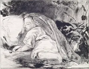 Unaware Prints: A Sleeping Child and Dog: Portrait of Agnes Paul, c1820s. Creator: Andrew Geddes