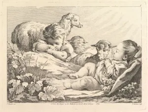 Cute Gallery: Two Sleeping Children With Three Sheep, 18th century. Creator: Pierre Alexandre Aveline