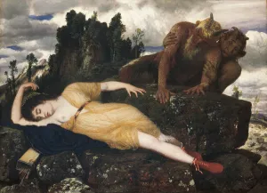 Sleeping Diana Watched by Two Fauns, 1877. Artist: Bocklin, Arnold (1827-1901) Sleeping Diana Watched by Two Fauns, 1877. Artist: Bocklin, Arnold (1827-1901)