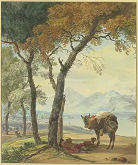 Shaded Prints: Sleeping donkey driver under a tree by a lake, 18th century. Creator: Wilhelm von Kobell
