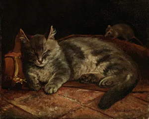 Adolf Von Becker Prints: Sleeping Grey Cat and a Rat, 1864. Creator: Adolf von Becker
